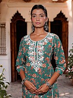 TRADITIONAL FLORAL PRINT COTTON SALWAR SUIT SET - TEAL GREEN WITH CORAL FLOWERS