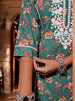 TRADITIONAL FLORAL PRINT COTTON SALWAR SUIT SET - TEAL GREEN WITH CORAL FLOWERS