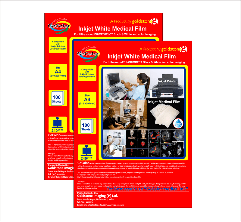 Inkjet Medical White Film A4 Size x 100 sheets For DR/CR/MRI/CT Imaging Film Size :A4 x100 Sheet / 175 Micron / 240 gsm pack of 2 Packets Inkjet Medical White Film A4 Size x 100 sheets For DR/CR/MRI/CT Imaging Film Size :A4 x100 Sheet / 175 Micron / 240 gsm pack of 2 Packets