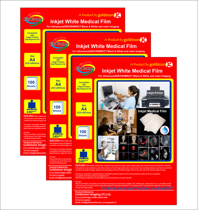 Inkjet Medical White Film A4 Size x 100 sheets For DR/CR/MRI/CT Imaging Film Size :A4 x100 Sheet / 175 Micron / 240 gsm PACK OF 3 PACKETS Inkjet Medical White Film A4 Size x 100 sheets For DR/CR/MRI/CT Imaging Film Size :A4 x100 Sheet / 175 Micron / 240 gsm PACK OF 3 PACKETS