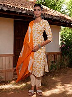 ORANGE AND WHITE FLORAL PRINT COTTON SALWAR SUIT SET