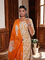 ORANGE AND WHITE FLORAL PRINT COTTON SALWAR SUIT SET