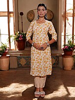 ORANGE AND WHITE FLORAL PRINT COTTON SALWAR SUIT SET