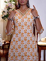 FLORAL PRINT COTTON SALWAR SUIT SET - WHITE AND ORANGE