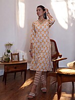 FLORAL PRINT COTTON SALWAR SUIT SET - WHITE AND ORANGE