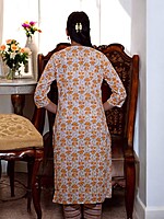 FLORAL PRINT COTTON SALWAR SUIT SET - WHITE AND ORANGE