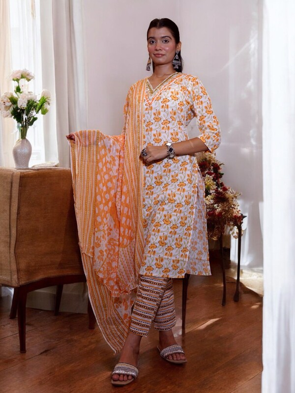 FLORAL PRINT COTTON SALWAR SUIT SET - WHITE AND ORANGE