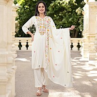 WHITE FLORAL EMBROIDERED COTTON SALWAR SUIT SET