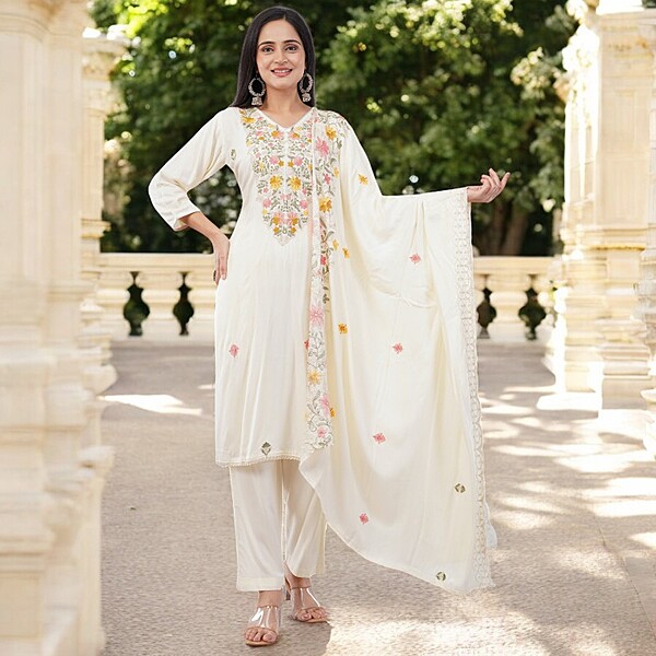 WHITE FLORAL EMBROIDERED COTTON SALWAR SUIT SET