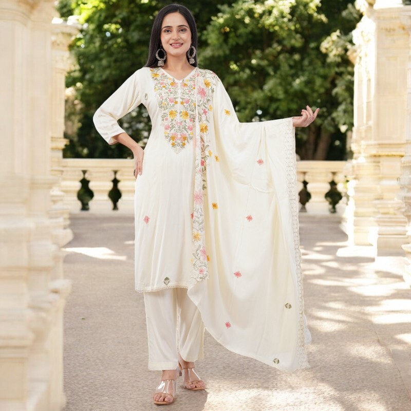 WHITE FLORAL EMBROIDERED COTTON SALWAR SUIT SET