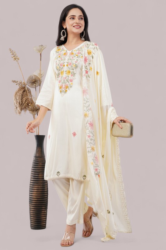 Floral Embroidered Cotton Salwar Suit with Dupatta, 3-Piece Traditional Set