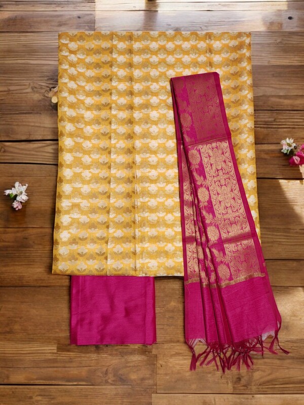 Pink & Red Unstitched Banarasi Cotton Silk Dress Material with Dupatta for Women