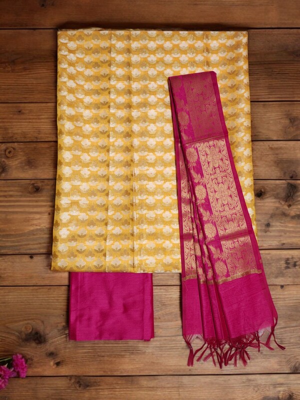 Pink & Red Unstitched Banarasi Cotton Silk Dress Material with Dupatta for Women