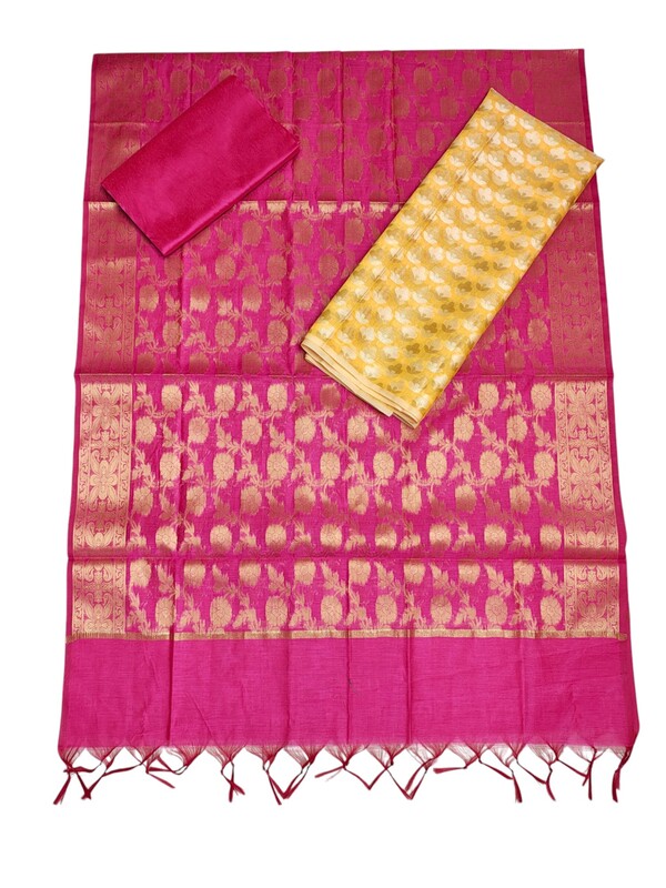 Pink & Red Unstitched Banarasi Cotton Silk Dress Material with Dupatta for Women