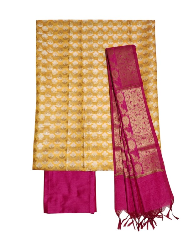Pink & Red Unstitched Banarasi Cotton Silk Dress Material with Dupatta for Women