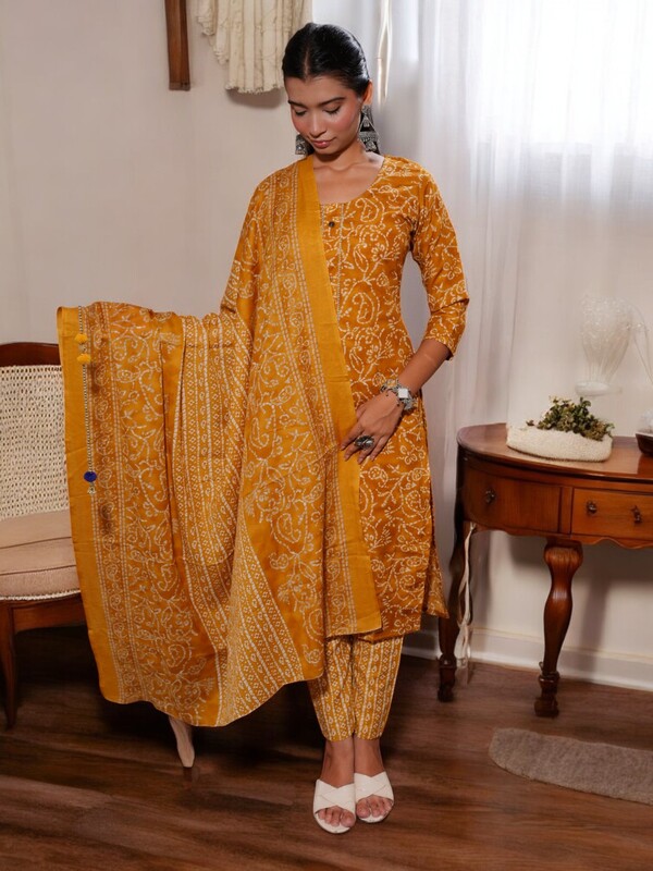 MUSTARD YELLOW FLORAL BLOCK PRINT COTTON SALWAR SUIT SET