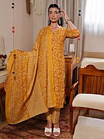 MUSTARD YELLOW FLORAL BLOCK PRINT COTTON SALWAR SUIT SET
