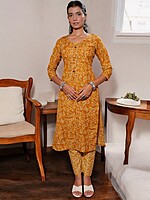 MUSTARD YELLOW FLORAL BLOCK PRINT COTTON SALWAR SUIT SET